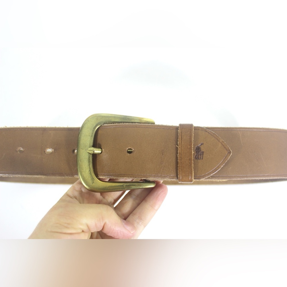 Wide Tan Leather Belt with a Chunky Brass Buckle Thick Work Belt Unisex Mens - Picture 6 of 9